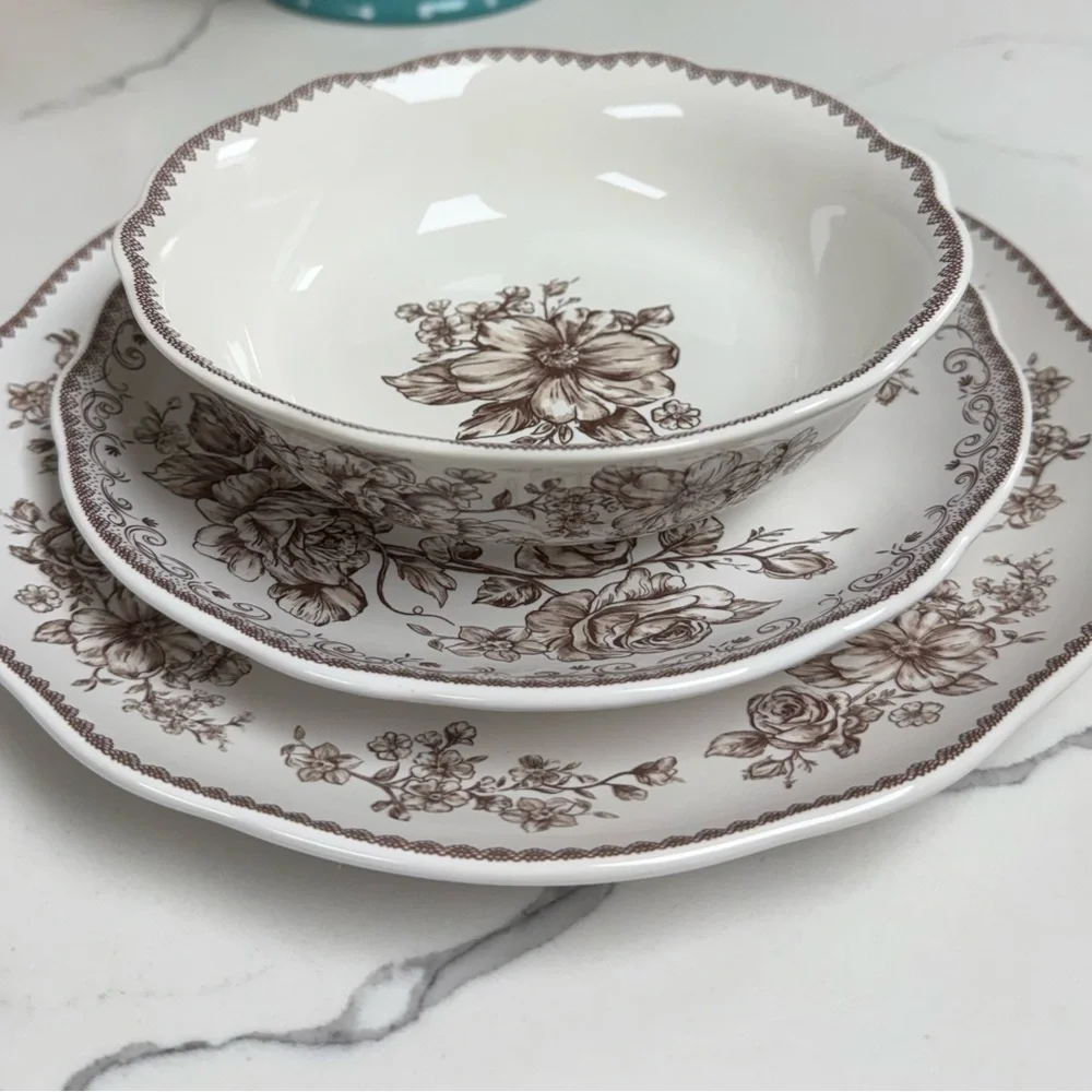 The Pioneer Woman  Agatha Brown Floral Dinnerware Set of 12 pieces
